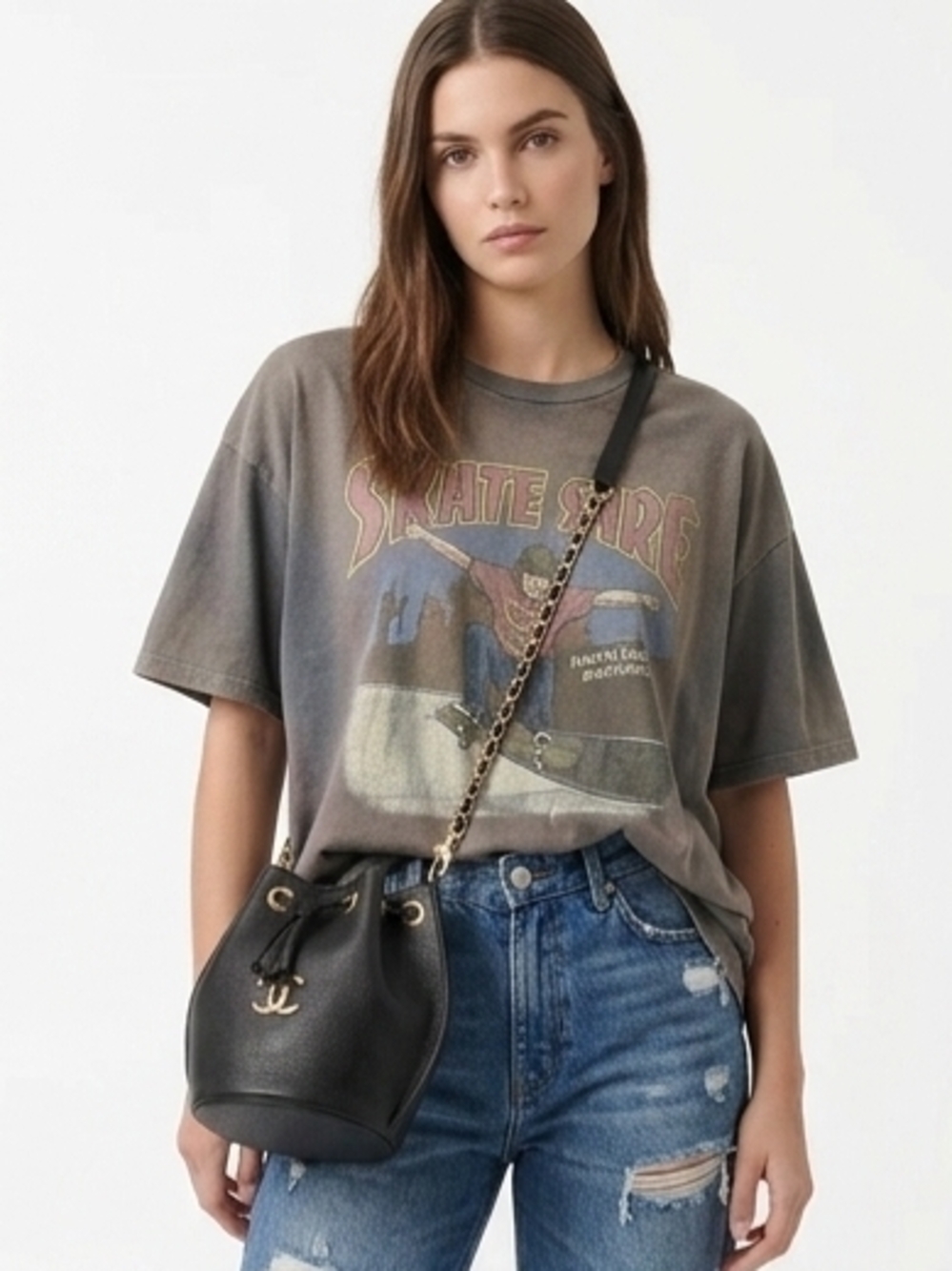 Black Leather Drawstring Bucket Bag with Chain Strap - Picture 2 of 10